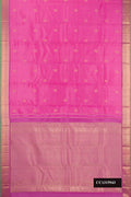 Pink Dual Tone Kanchipuram Silk Saree with Stripes on the body and Zari Border.  displayed on a mannequin