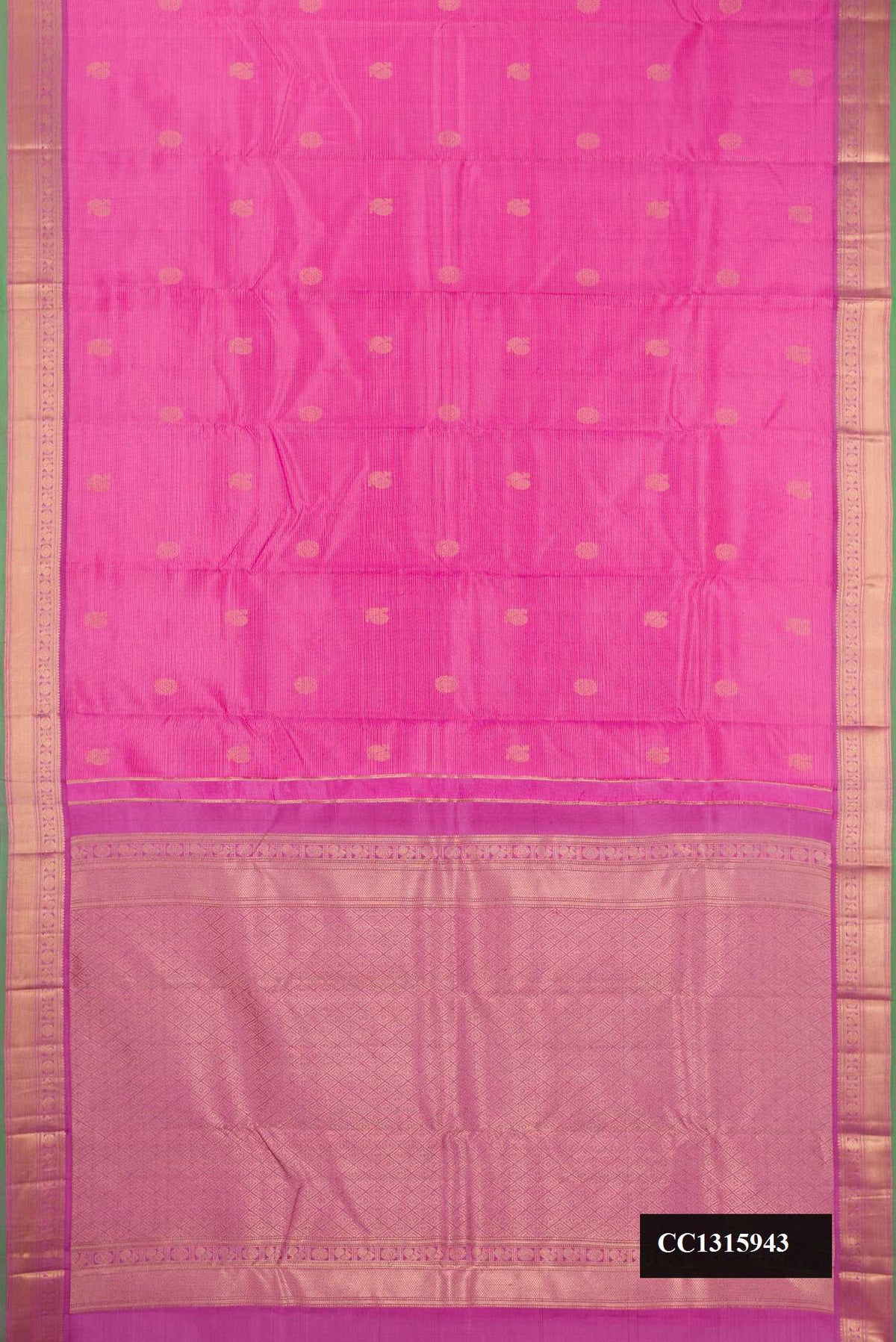 Pink Dual Tone Kanchipuram Silk Saree with Stripes on the body and Zari Border.  displayed on a mannequin