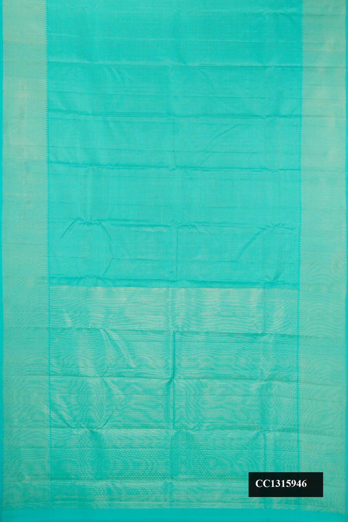 Sea Green Dual Tone Kanchipuram Silk Saree with Checked design on the body and Zari Border.  displayed on a mannequin
