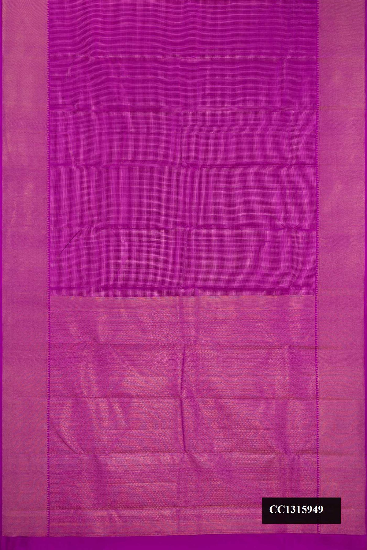 Purple Dual Tone Kanchipuram Silk Saree with Checked design on the body and Zari Border.  displayed on a mannequin