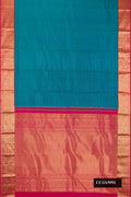 Peacock Blue Dual Tone Kanchipuram Silk Saree with Stripes on the body and Zari Border.  displayed on a mannequin