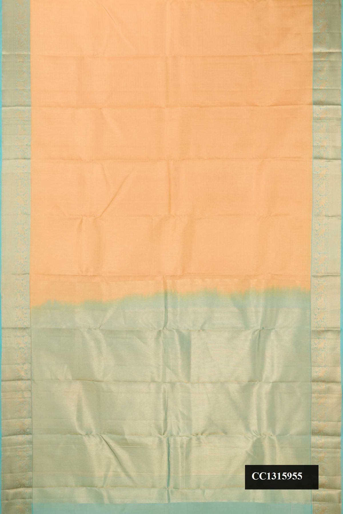 Sandal Dual Tone Kanchipuram Silk Saree with Checked design on the body and Zari Border.  displayed on a mannequin