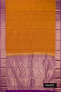 Mustard Dual Tone Kanchipuram Silk Saree with Checked design on the body and Zari Border.  displayed on a mannequin