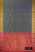 Grey Dual Tone Kanchipuram Silk Saree with Checked design on the body and Zari Border.  displayed on a mannequin
