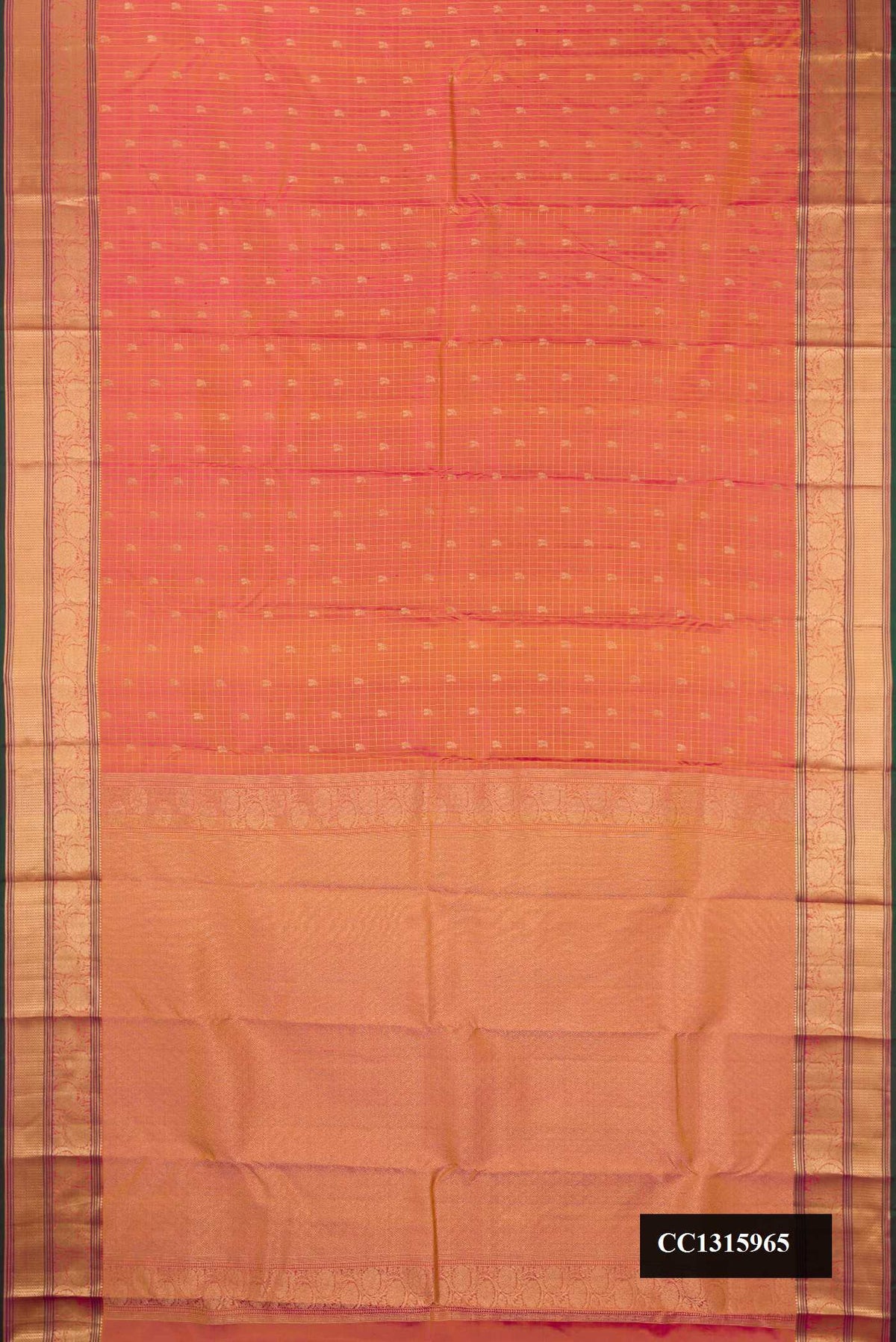 Rose Gold Dual Tone Kanchipuram Silk Saree with Checked design on the body and Zari Border.  displayed on a mannequin
