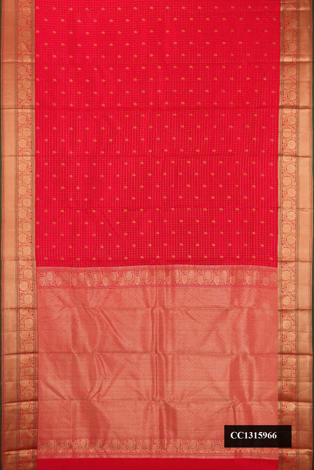 Red Dual Tone Kanchipuram Silk Saree with Checked design on the body and Zari Border.  displayed on a mannequin