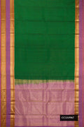 Green Dual Tone Kanchipuram Silk Saree with Stripes on the body and Zari Border.  displayed on a mannequin