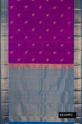 Purple Dual Tone Kanchipuram Silk Saree with Zari Butta on the body and Zari Border.  displayed on a mannequin