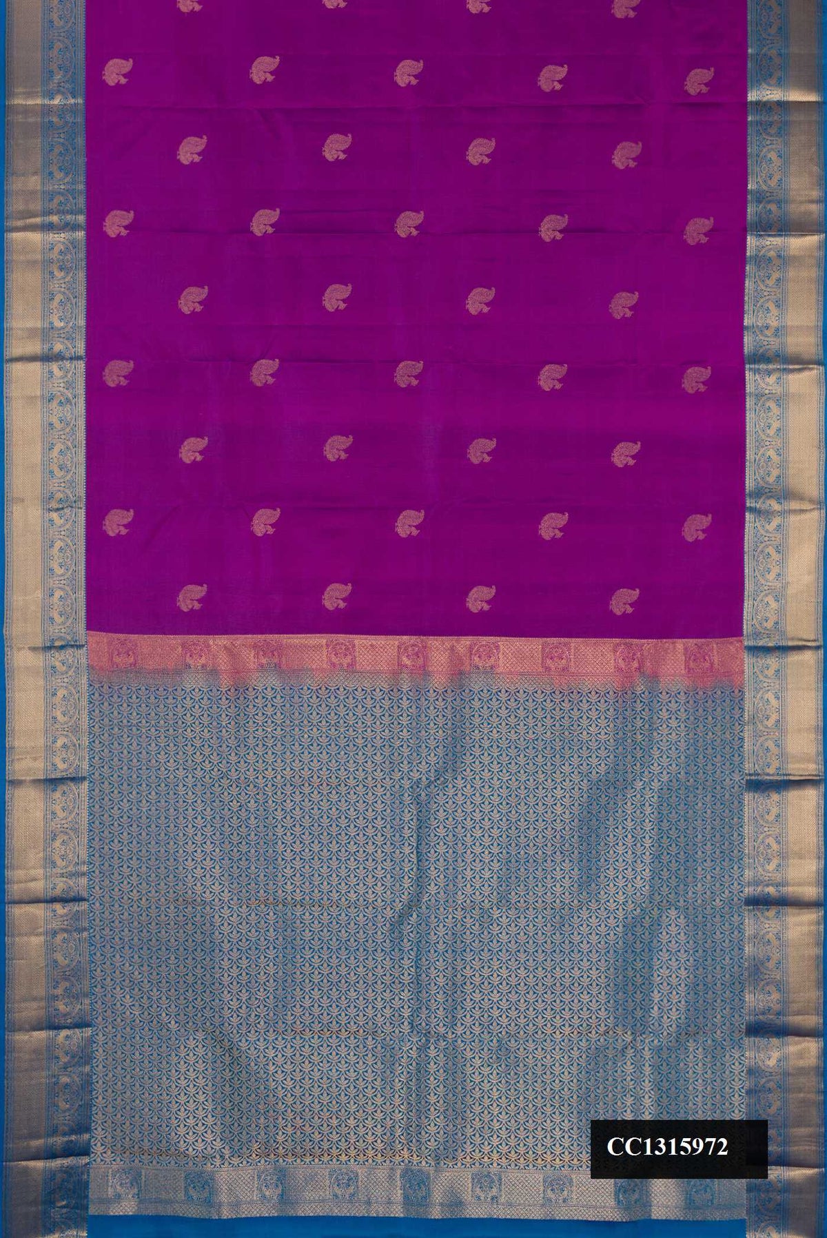 Purple Dual Tone Kanchipuram Silk Saree with Zari Butta on the body and Zari Border.  displayed on a mannequin