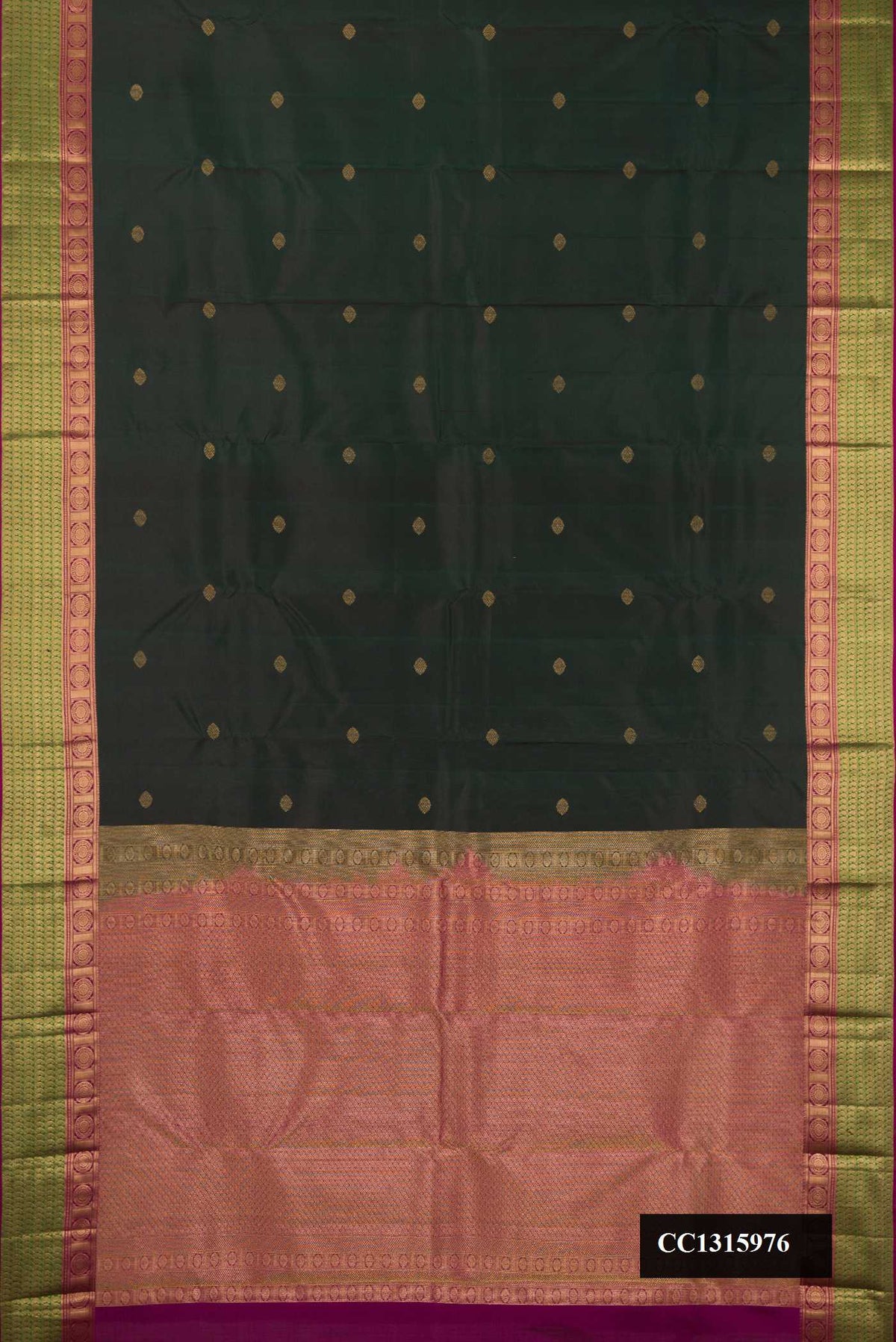 Bottle Green Dual Tone Kanchipuram Silk Saree with Zari Butta on the body and Zari Border.  displayed on a mannequin