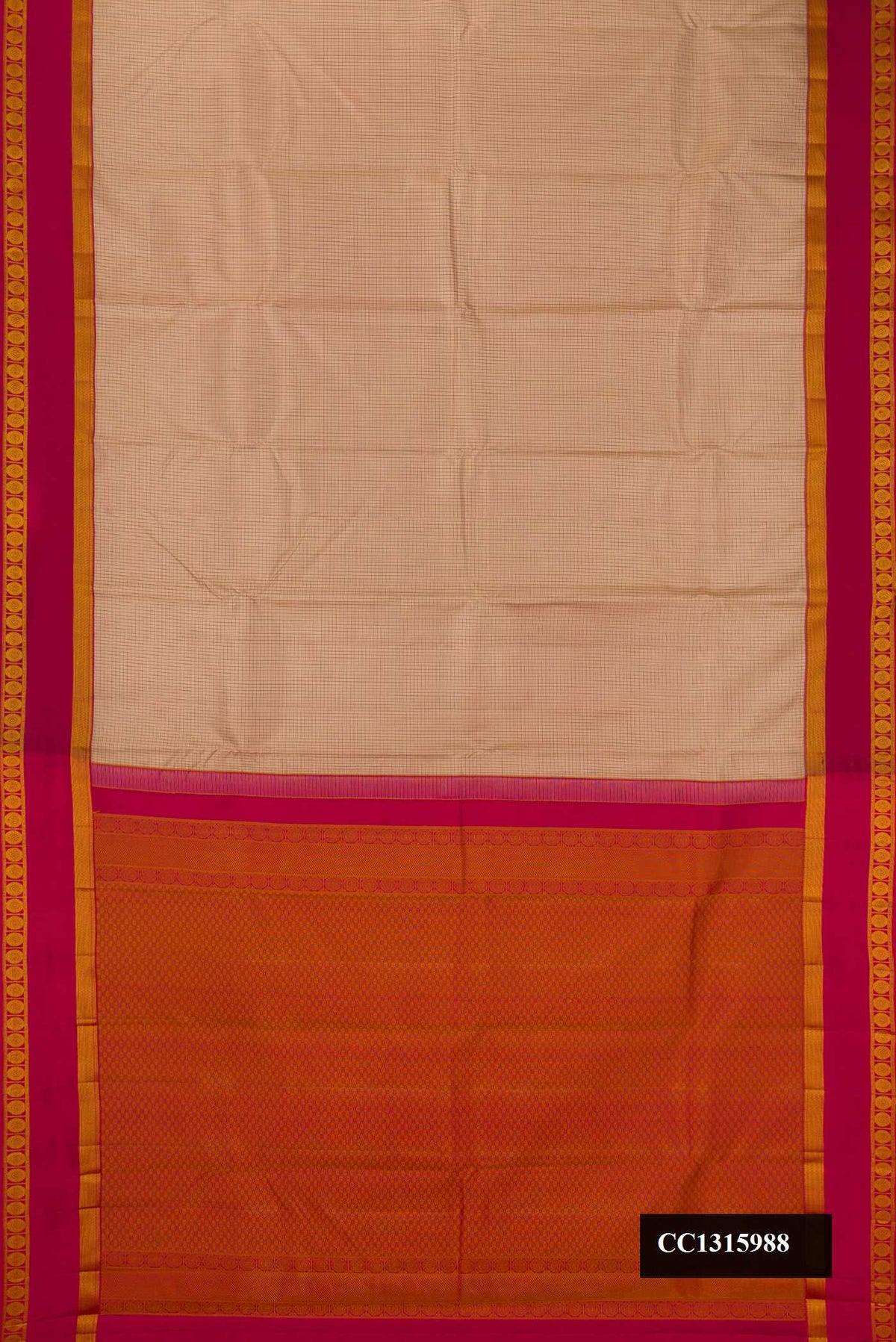 Dark Beige Dual Tone Kanchipuram Silk Saree with Checked design on the body and Thread Border.  displayed on a mannequin