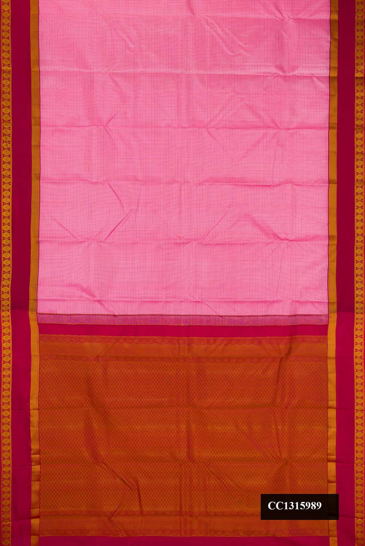 Pink Dual Tone Kanchipuram Silk Saree with Checked design on the body and Thread Border.  displayed on a mannequin