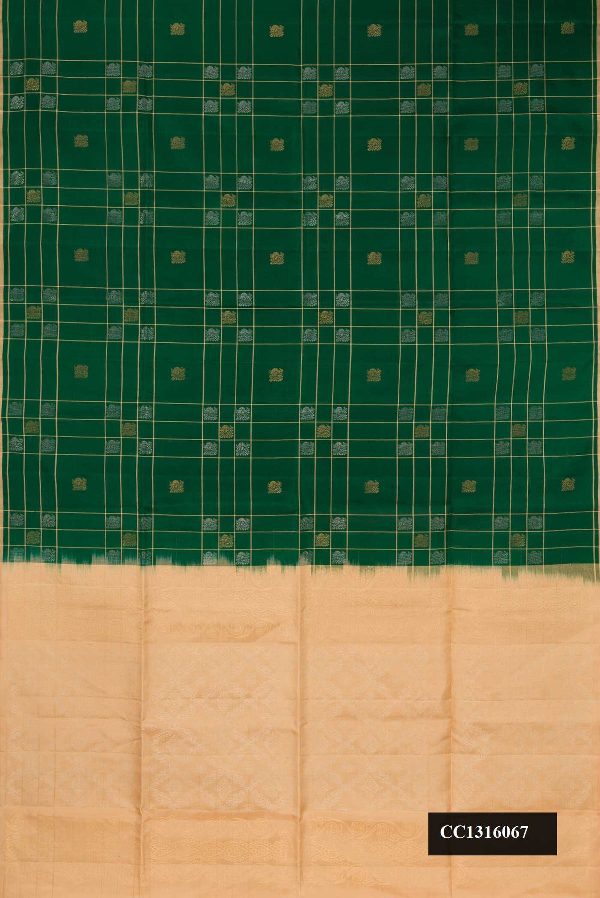 Bottle Green Dual Tone Soft Silk Saree with Checked design on the body and Thin Zari Line.  displayed on a mannequin