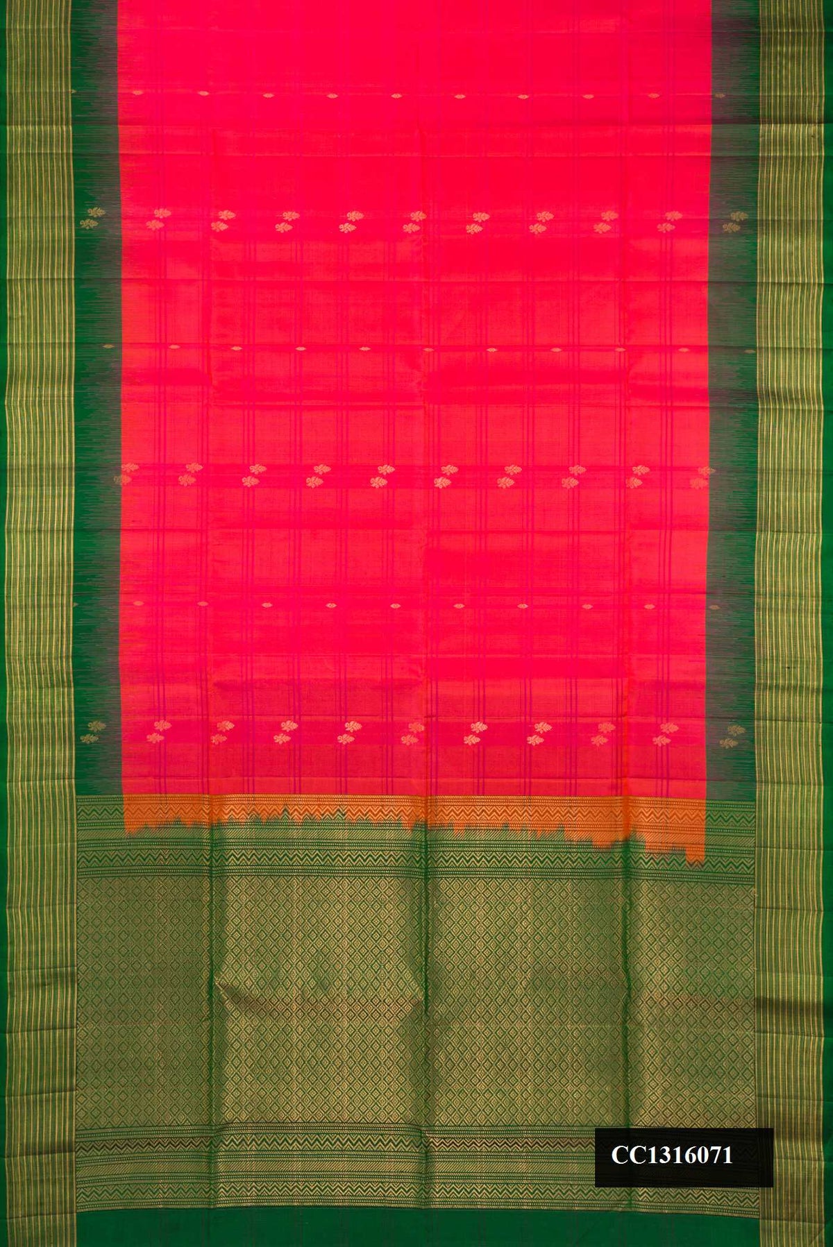 Coral Dual Tone Soft Silk Saree with Stripes on the body and Zari Border.  displayed on a mannequin