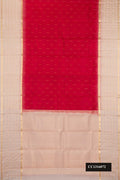 Maroon Dual Tone Kanchipuram Silk Saree with Zari Butta on the body and Fancy Border.  displayed on a mannequin