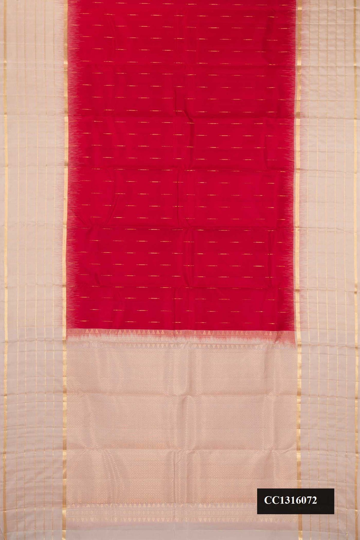Maroon Dual Tone Kanchipuram Silk Saree with Zari Butta on the body and Fancy Border.  displayed on a mannequin
