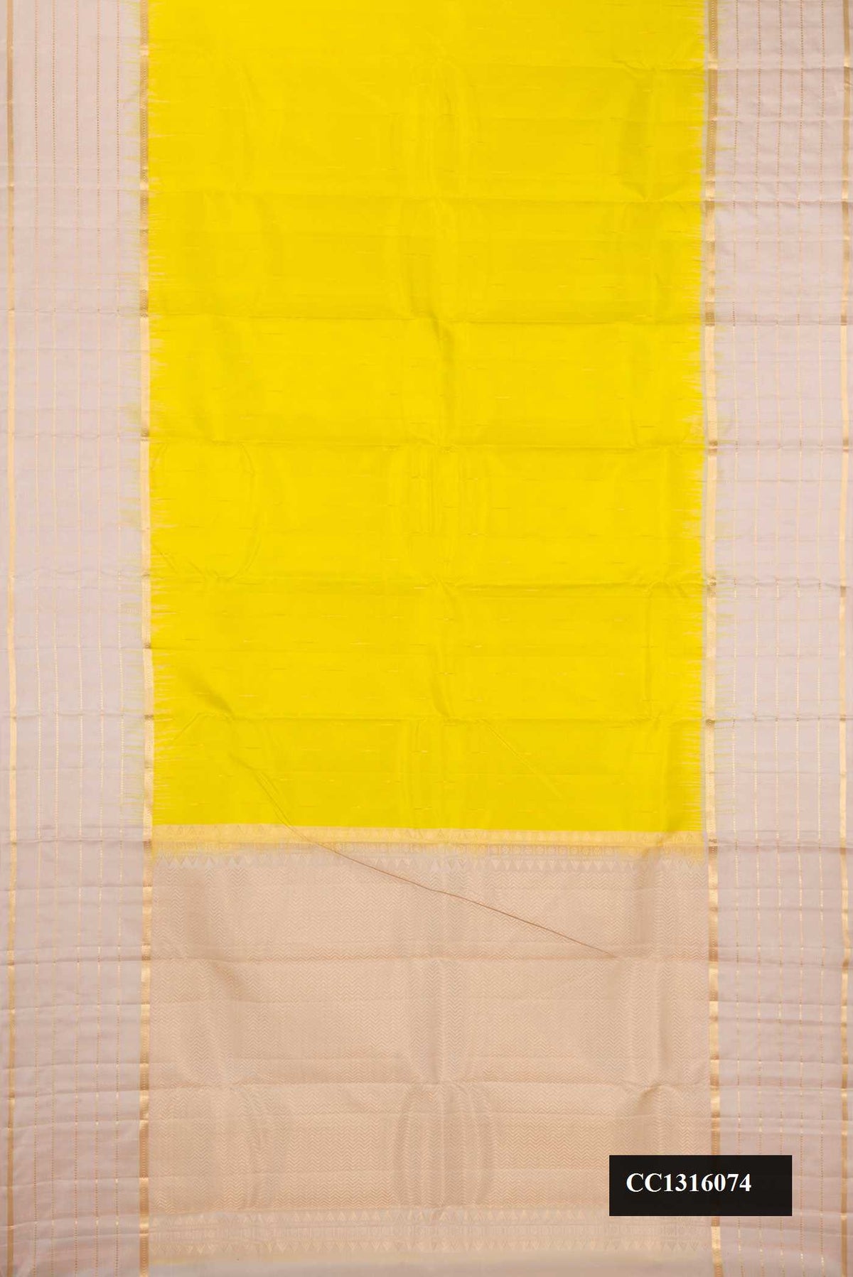 Lemon Yellow Dual Tone Kanchipuram Silk Saree with Zari Butta on the body and Fancy Border.  displayed on a mannequin