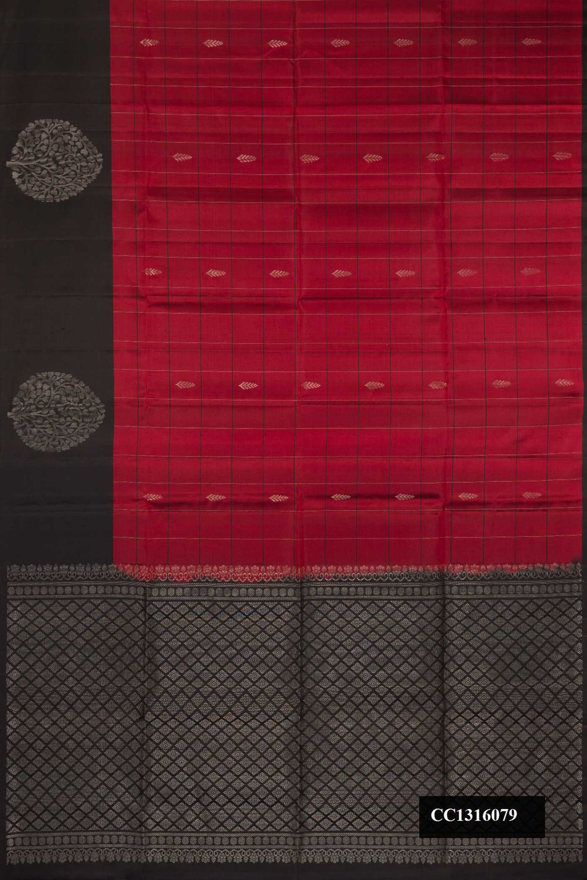 Maroon Dual Tone Soft Silk Saree with Checked design on the body and Fancy Border.  displayed on a mannequin