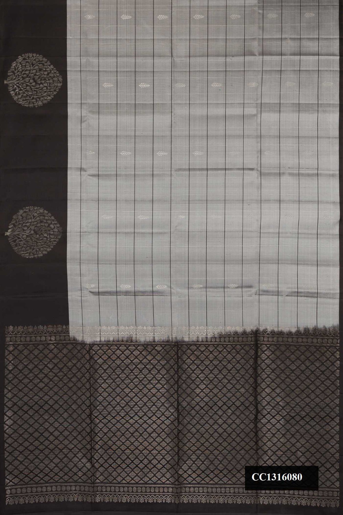 Grey Dual Tone Soft Silk Saree with Checked design on the body and Fancy Border.  displayed on a mannequin