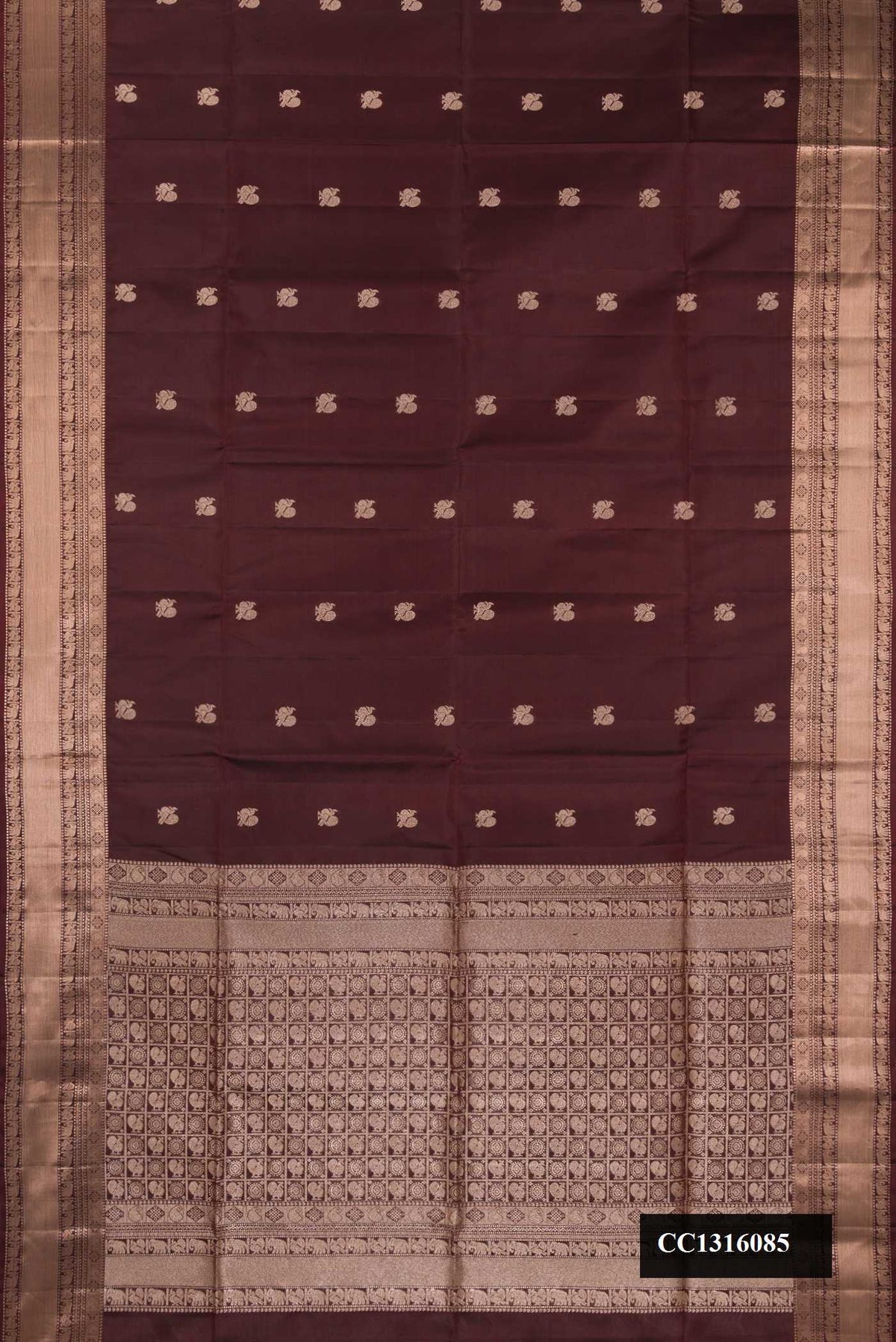 Coffee Brown Dual Tone Soft Silk Saree with Zari Butta on the body and Zari Border.  displayed on a mannequin