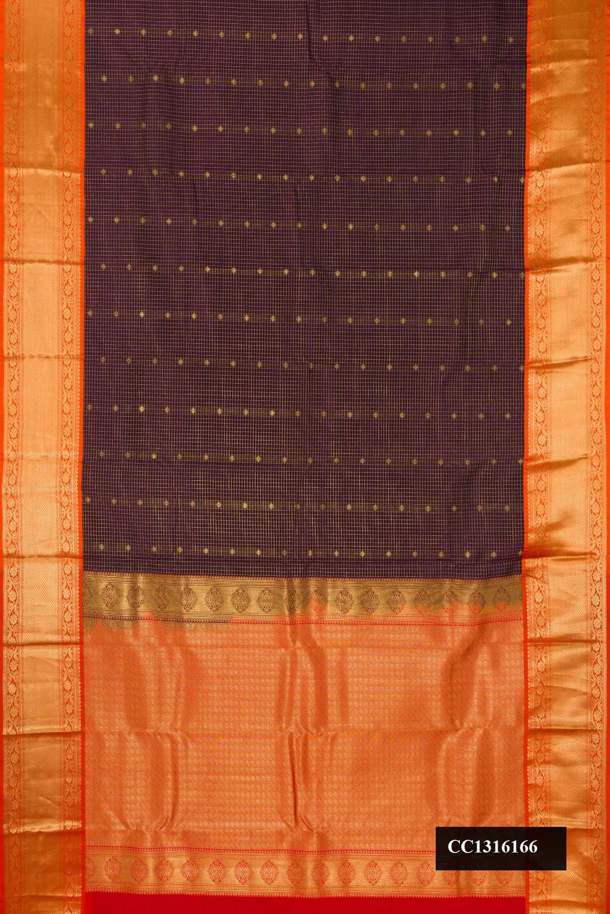 Coffee Brown Dual Tone Kanchipuram Silk Saree with Checked design on the body and Zari Border.  displayed on a mannequin
