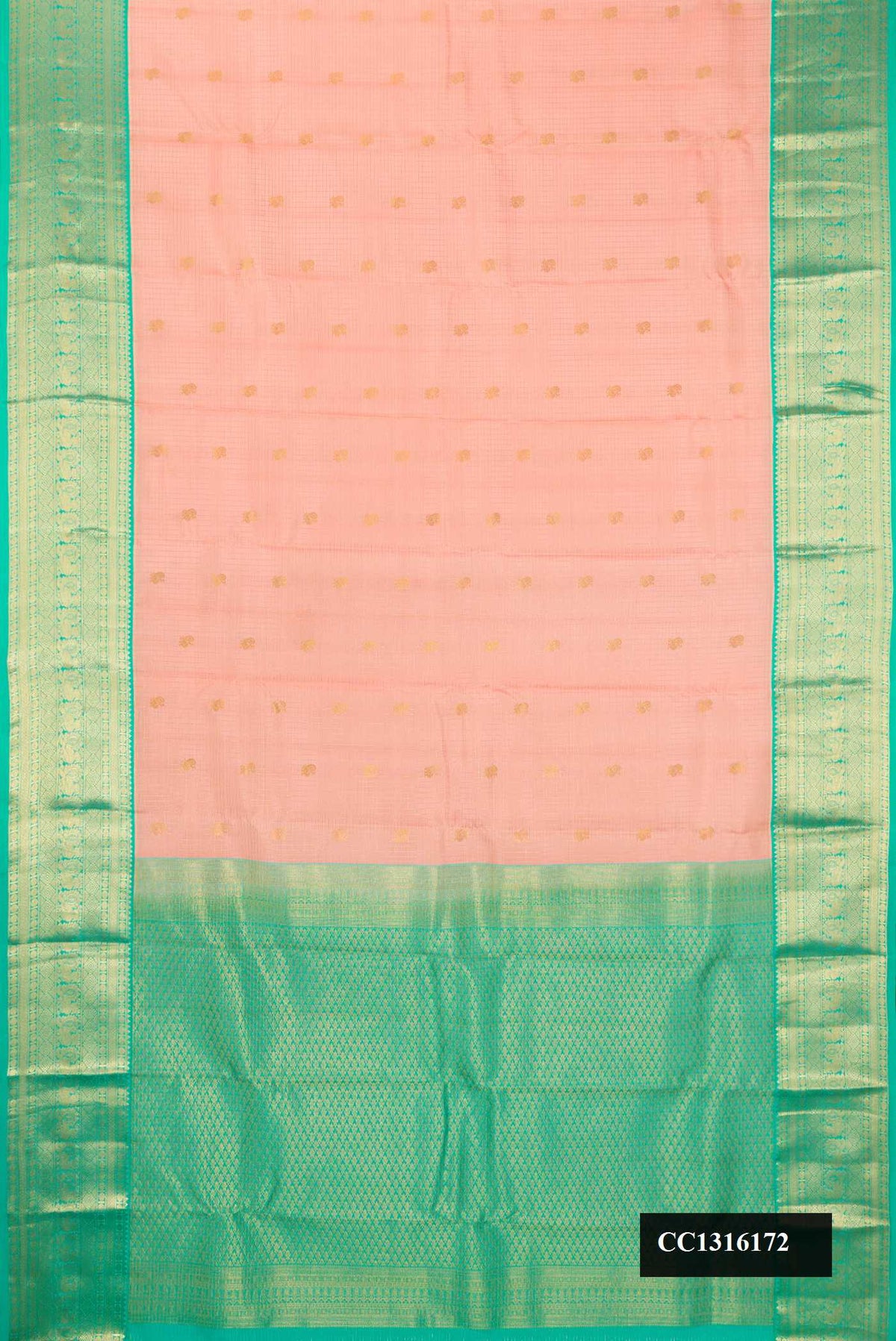 Peach Dual Tone Kanchipuram Silk Saree with Zari Butta on the body and Zari Border.  displayed on a mannequin