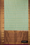 Light Green Dual Tone Kanchipuram Silk Saree with Zari Butta on the body and Zari Border.  displayed on a mannequin