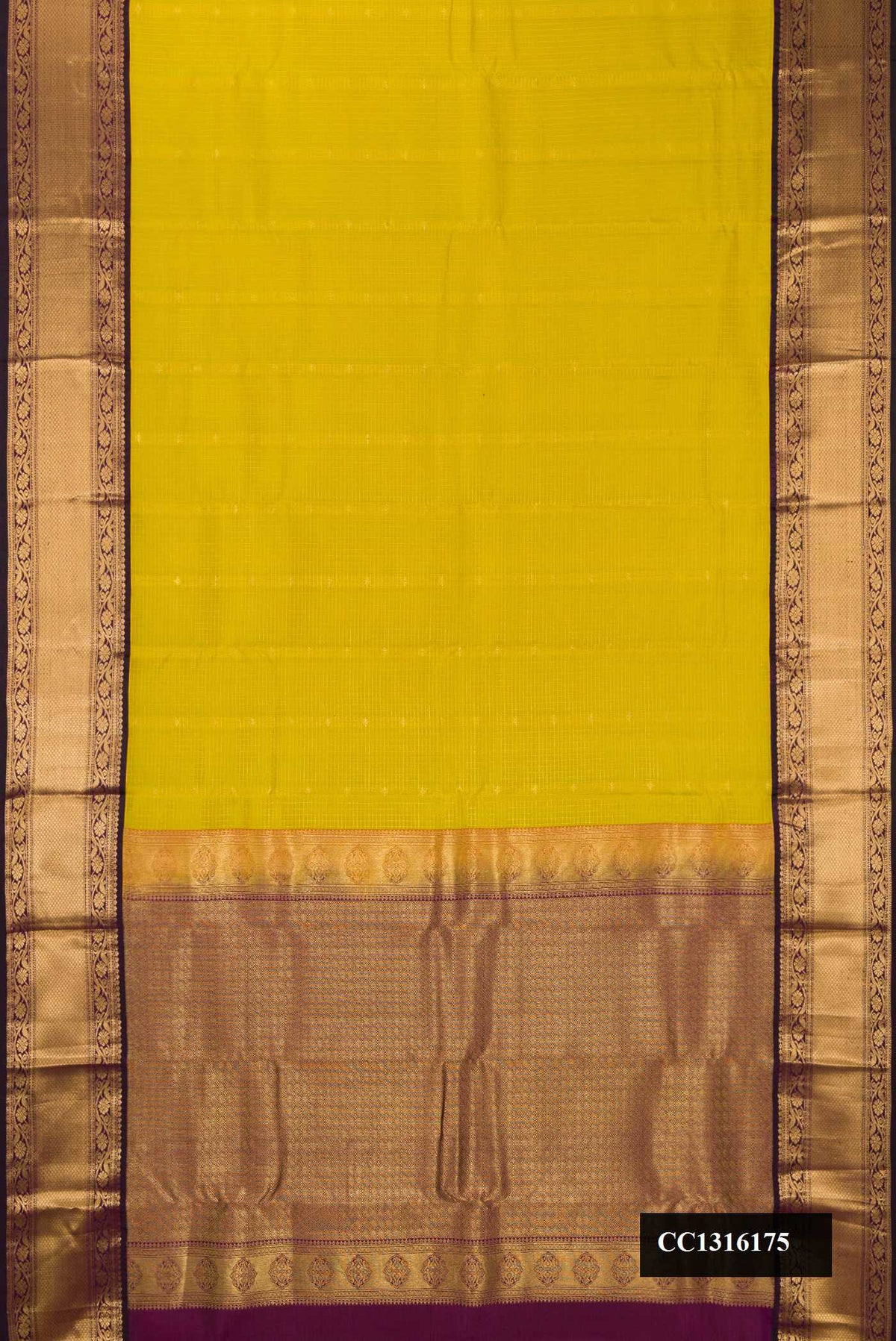 Mehandi Green Dual Tone Kanchipuram Silk Saree with Zari Butta on the body and Zari Border.  displayed on a mannequin