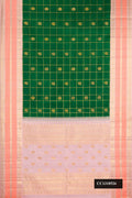 Green Dual Tone Kanchipuram Silk Saree with Checked design on the body and Zari Border.  displayed on a mannequin
