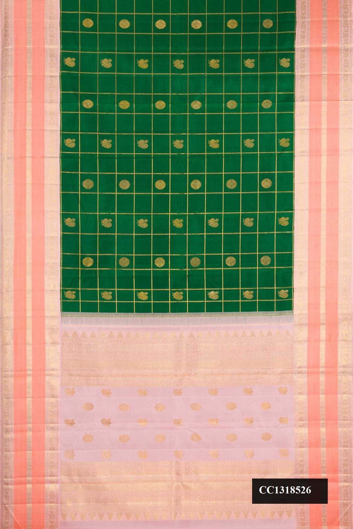 Green Dual Tone Kanchipuram Silk Saree with Checked design on the body and Zari Border.  displayed on a mannequin