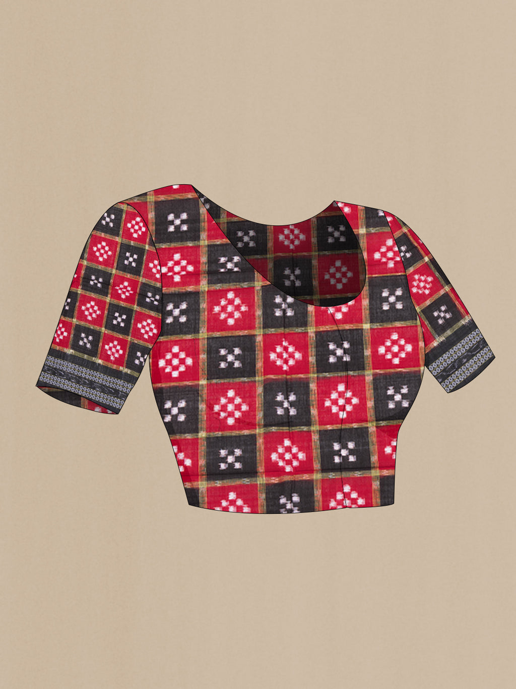Close up image of the blouse of Black Pochampally Cotton Saree with Ikat design on the body and Thread Border. 
