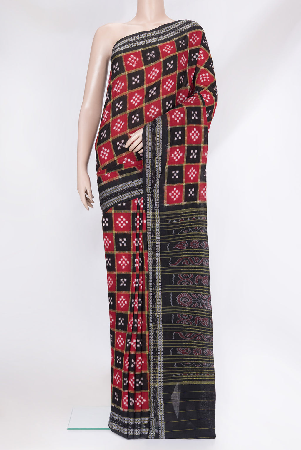 Black Pochampally Cotton Saree with Ikat design on the body and Thread Border.  displayed on a mannequin