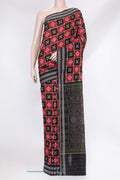 Black Pochampally Cotton Saree with Ikat design on the body and Thread Border.  displayed on a mannequin