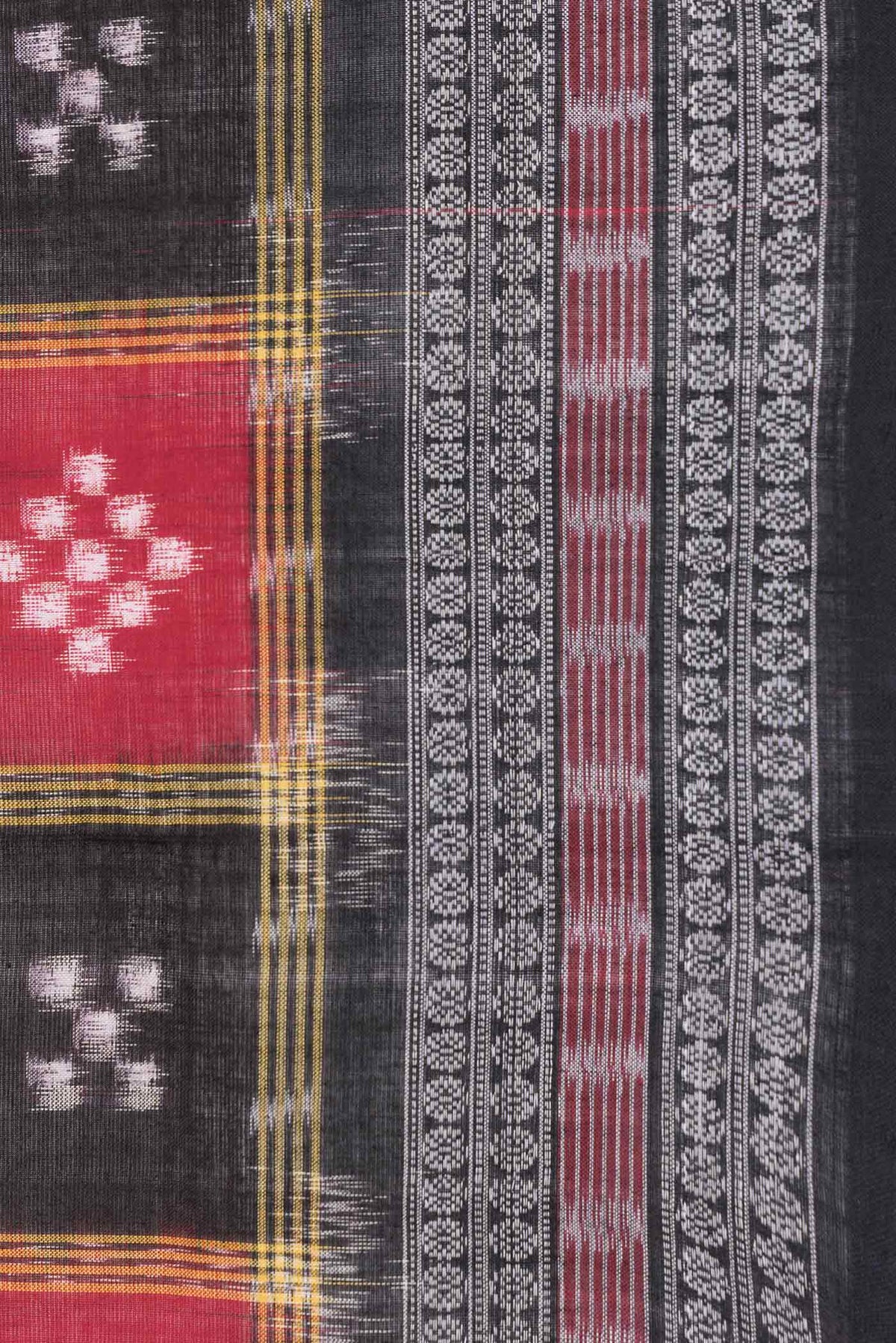 Border image of Red and Black Color Double Ikat Saree with Ikat Print on the body and Thread Border