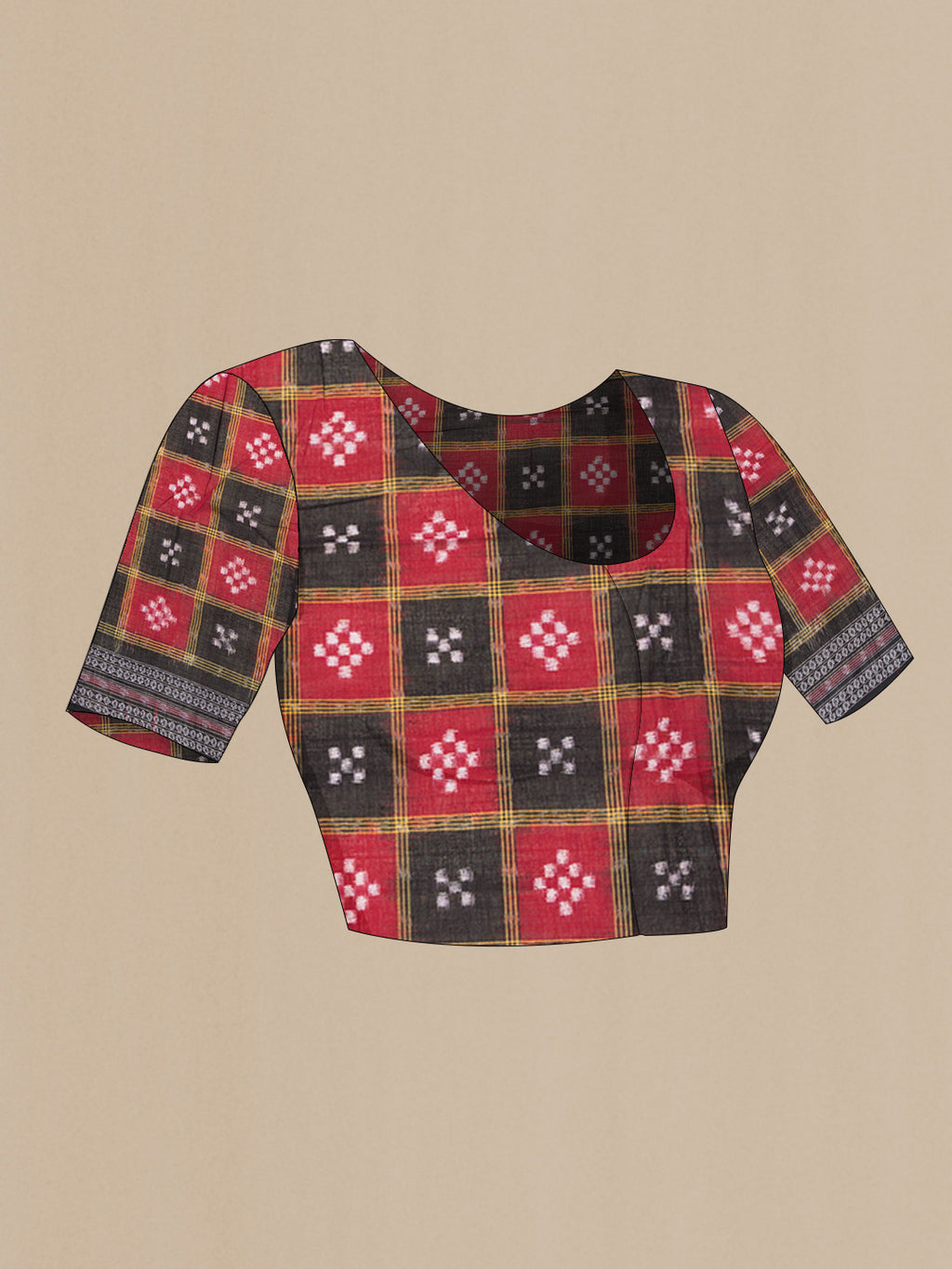 Close up image of the blouse of Black and Maroon Color Double Ikat Saree with Ikat Print on the body and Thread Border. 