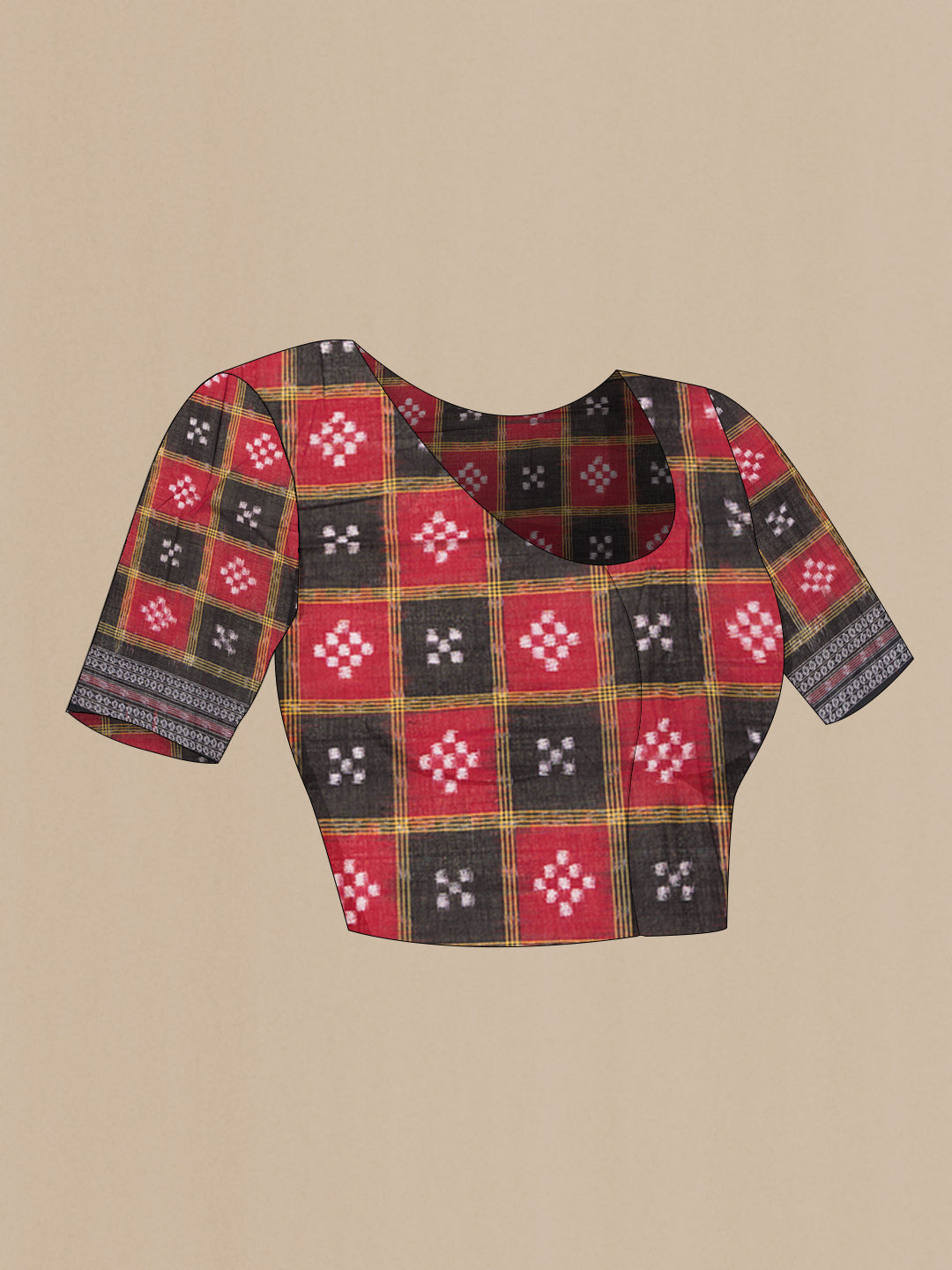 Close up image of the blouse of Black and Maroon Color Double Ikat Saree with Ikat Print on the body and Thread Border. 