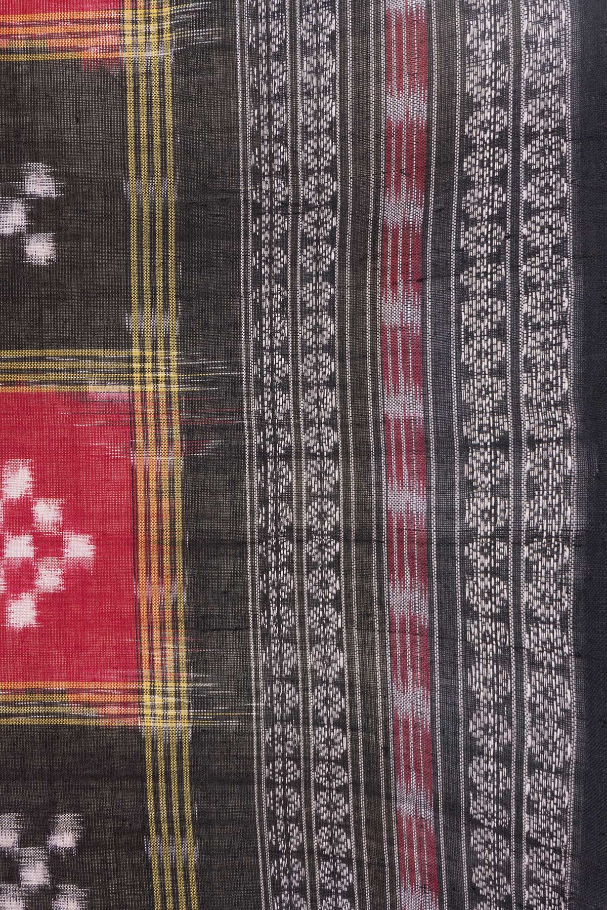 Border image of Black and Maroon Color Double Ikat Saree with Ikat Print on the body and Thread Border. 