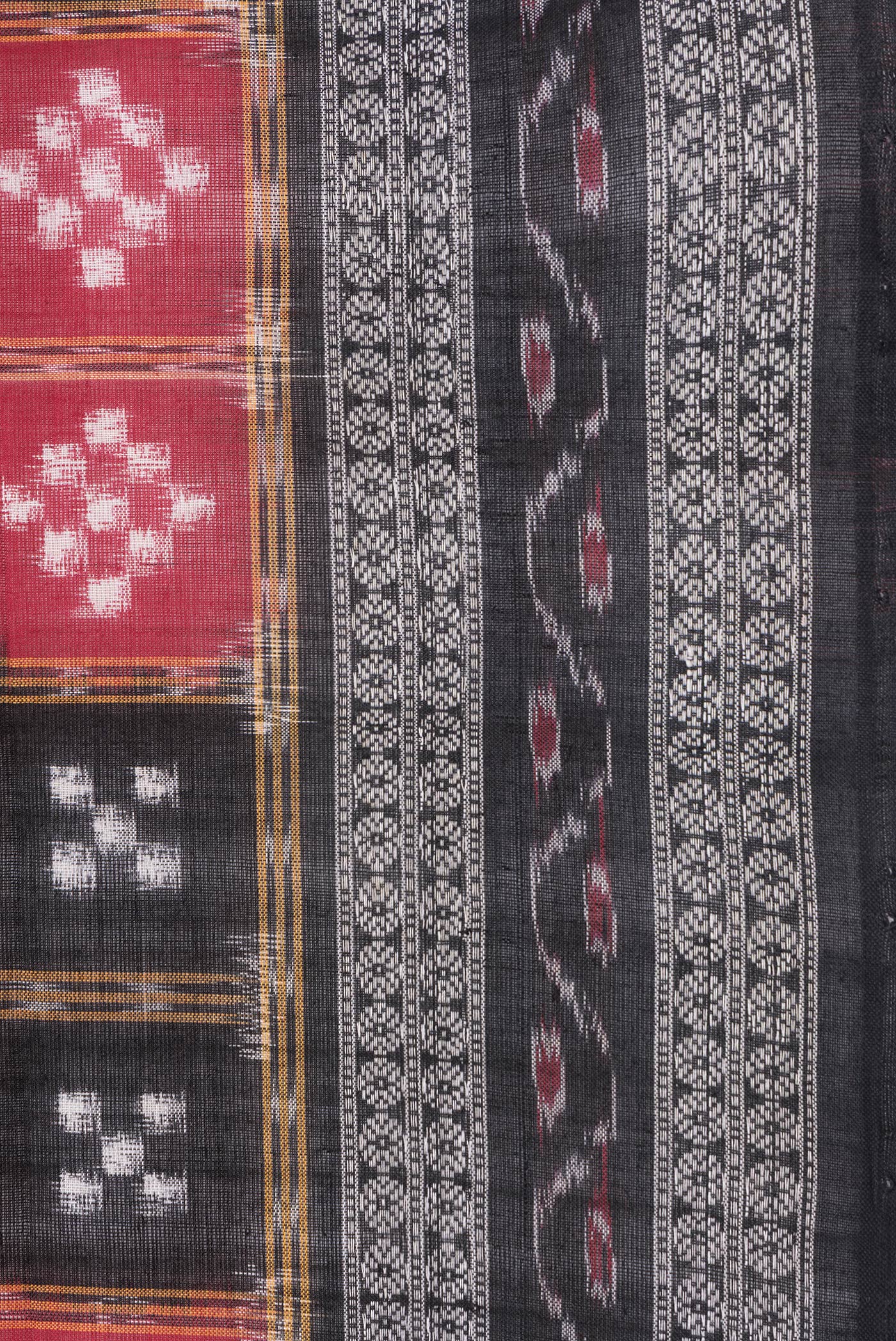 Border image of Black and Red Color Double Ikat Saree with Ikat Print on the body and Thread Border. 
