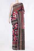 Black and Maroon Color Double Ikat Saree with Ikat Print on the body and Ikat Border displayed on a mannequin