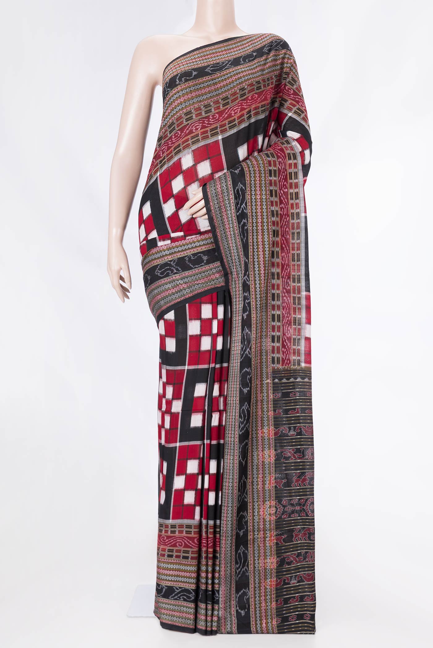 Black and Maroon Color Double Ikat Saree with Ikat Print on the body and Ikat Border displayed on a mannequin