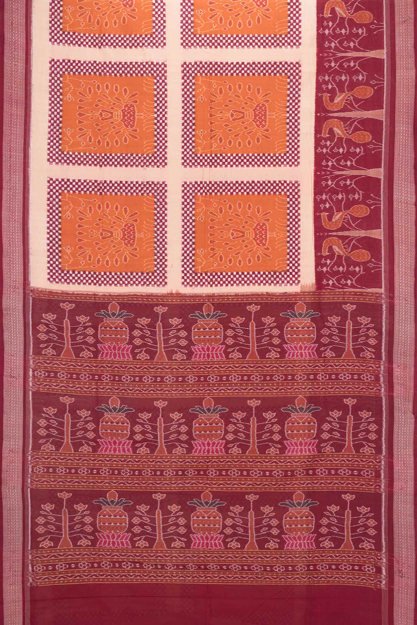 Flat view of Orange Dual Tone Double Ikat Saree with Ikat Print on the body and Ikat Border