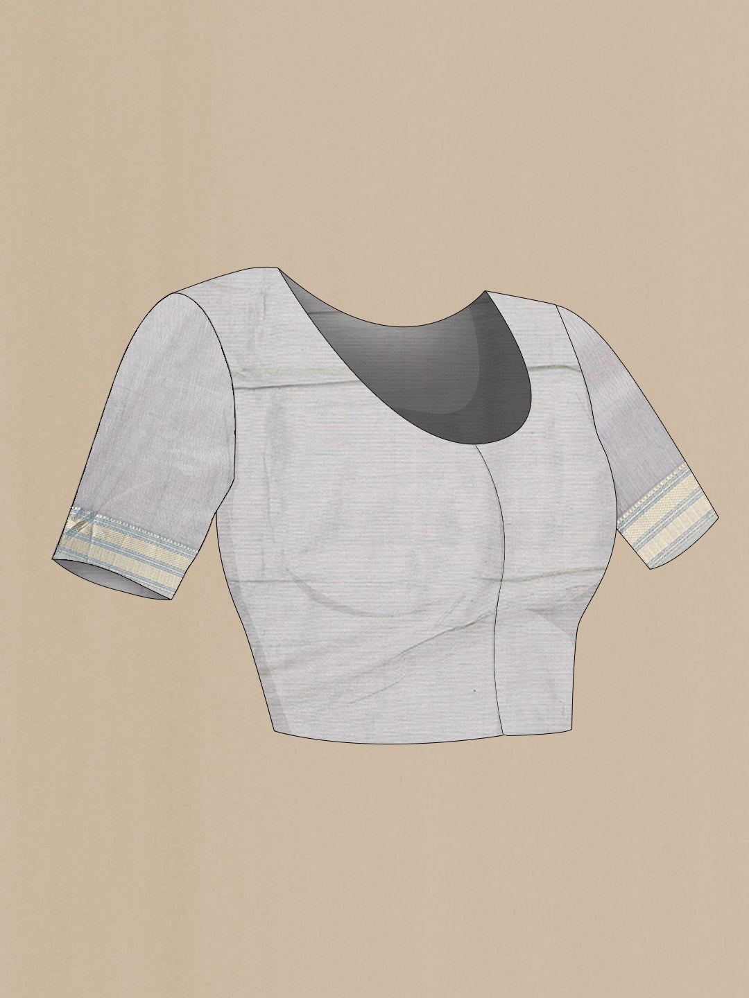 Close up image of the blouse of Grey Kota Silk Saree with Checked design on the body and Zari Border. 
