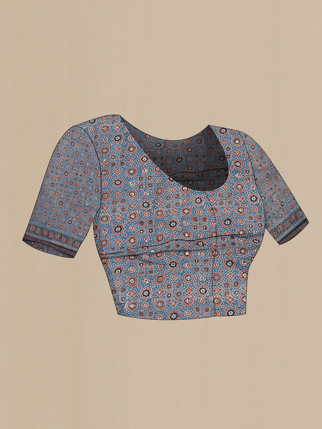 Close up image of the blouse of Blue Linen Saree with Ajrakh Print on the body and Zari Border. 