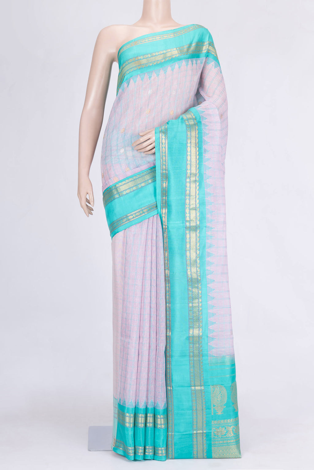 Lavender Dual Tone Linen Saree with Checked design on the body and Zari Border.  displayed on a mannequin
