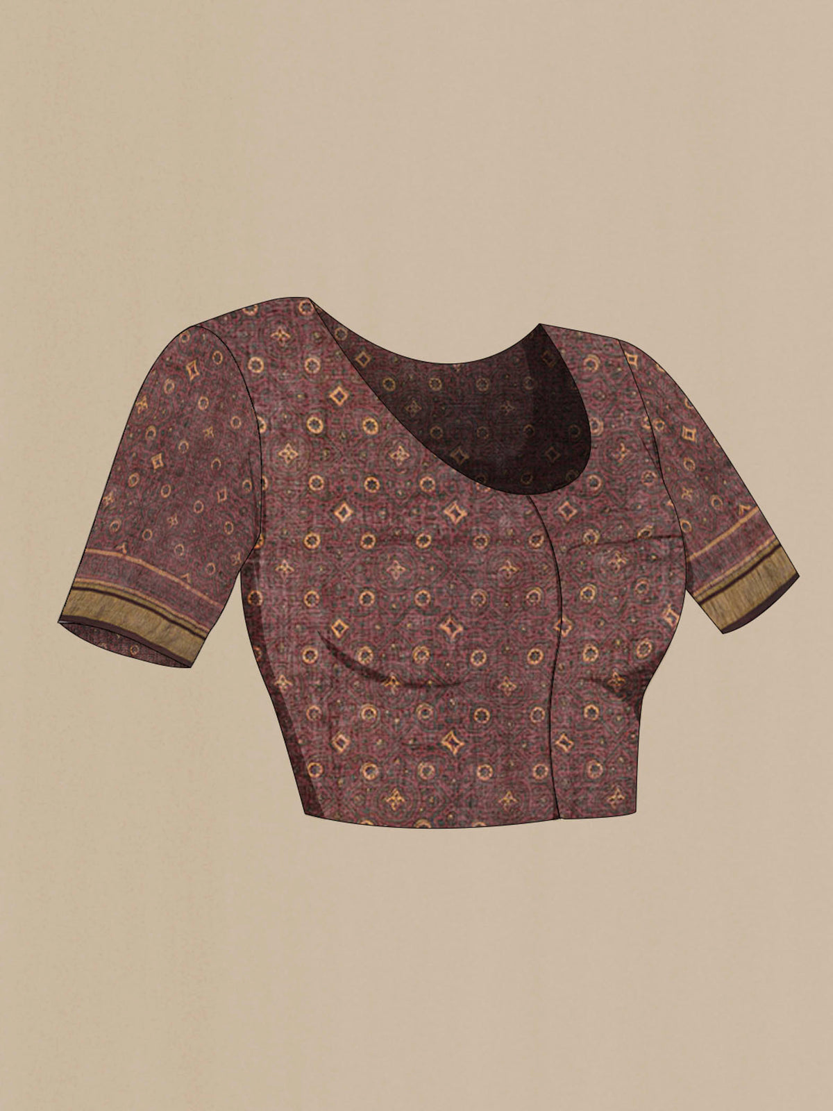 Close up image of the blouse of Rust Kalamkari Cotton Saree with Printed design on the body and Zari Border