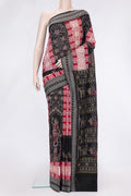 Black and Maroon Color Double Ikat Saree with Ikat Print on the body and Thread Border.  displayed on a mannequin
