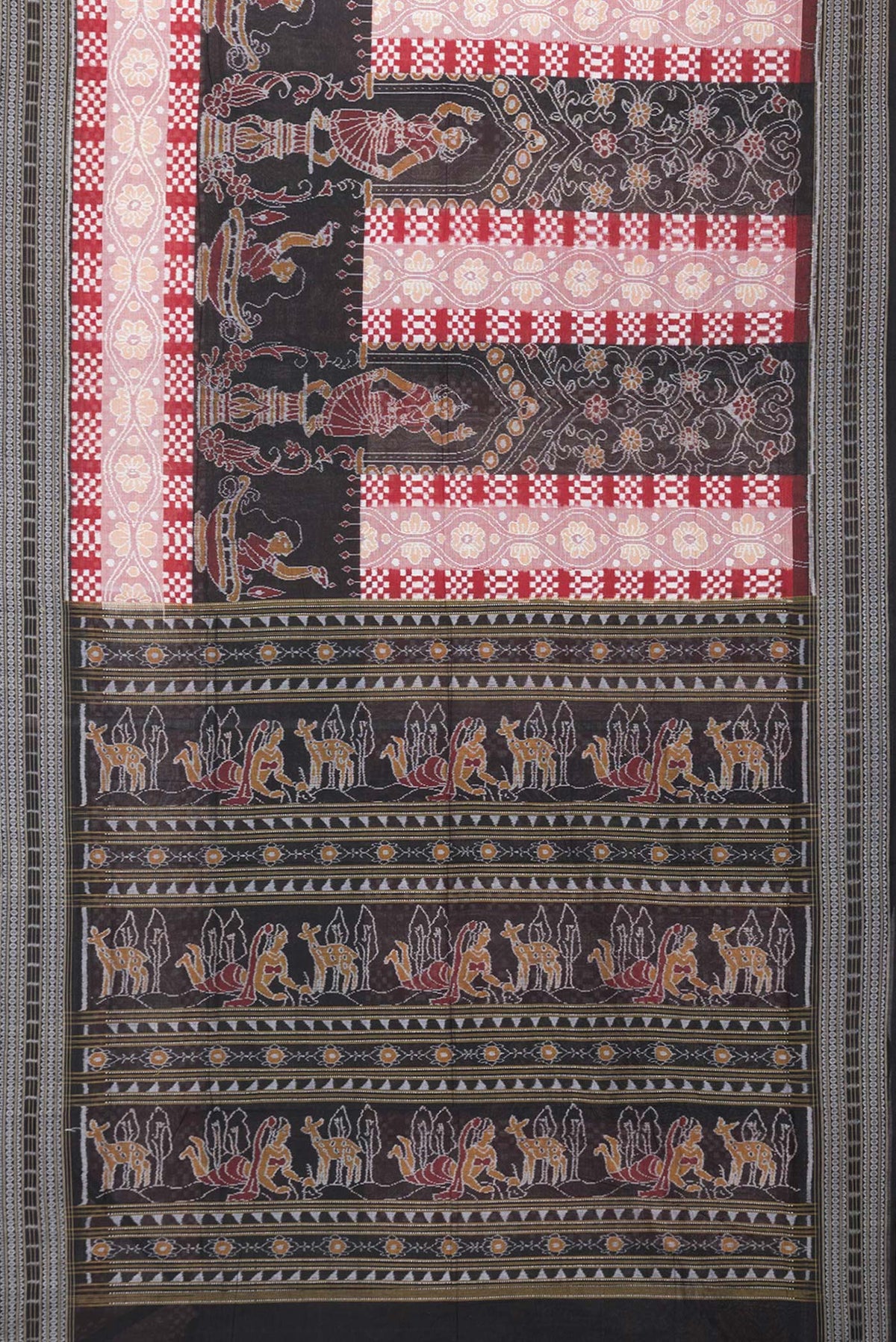 Flat view of Black and Maroon Color Double Ikat Saree with Ikat Print on the body and Thread Border. 