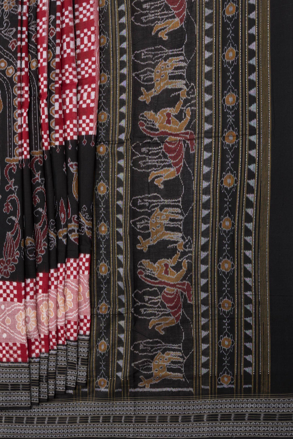 Pleats and pallu of Black and Maroon Color Double Ikat Saree with Ikat Print on the body and Thread Border. 