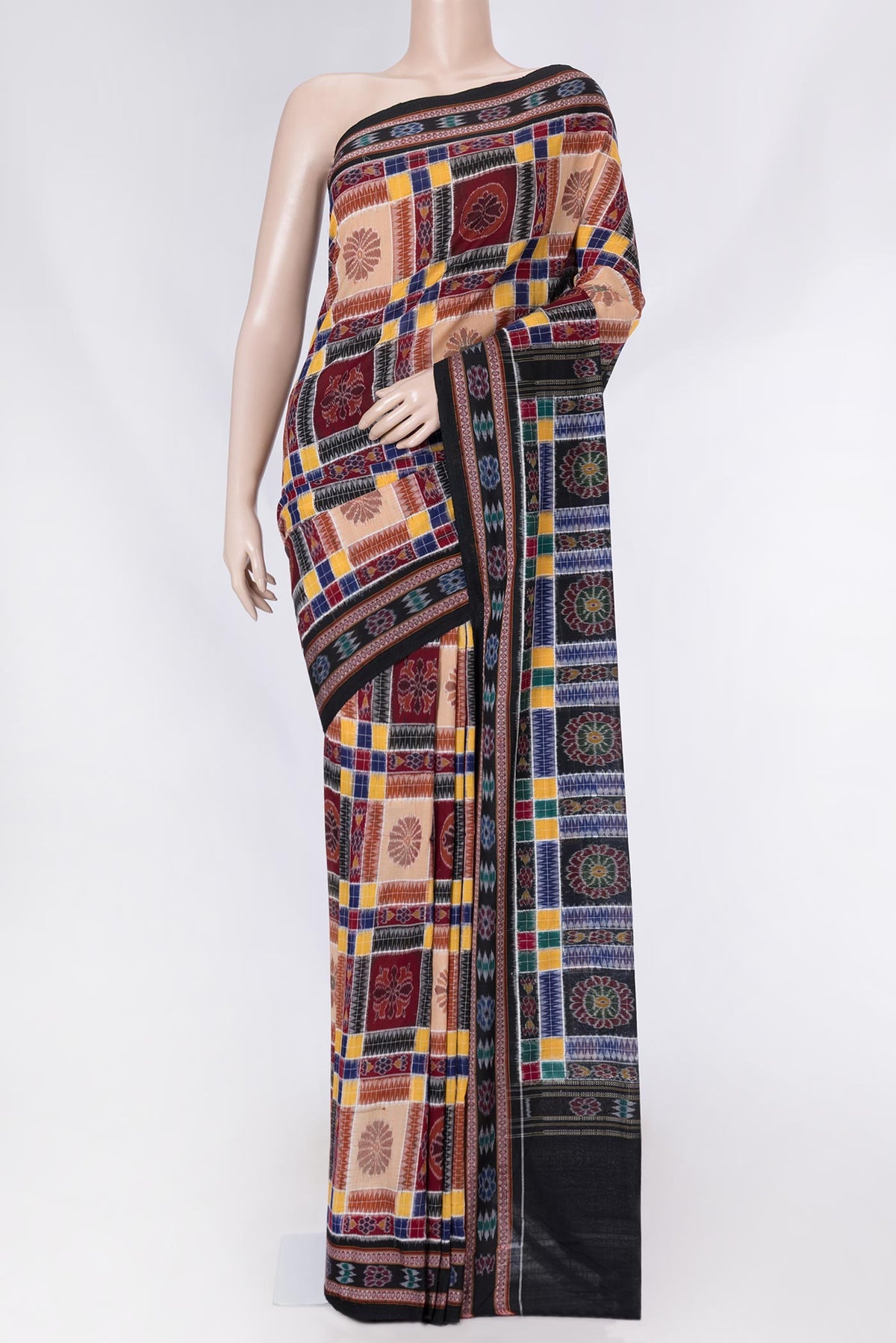 Maroon and Beige Color Double Ikat Saree with Ikat Print on the body and Ikat Border displayed on a mannequin