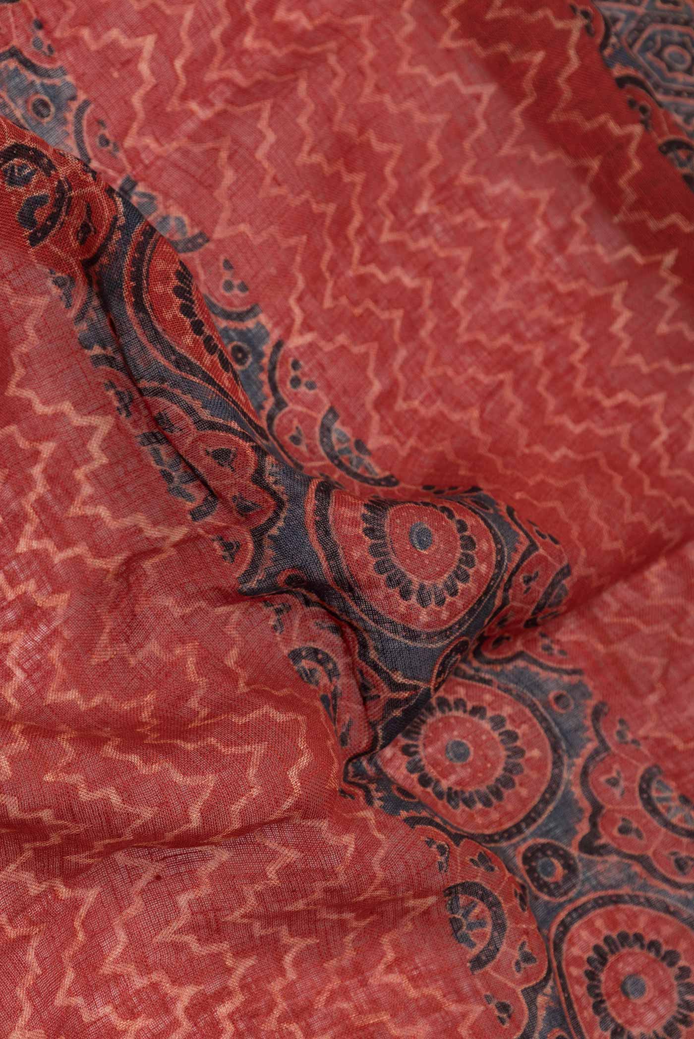 Close up of Red Dual Tone Linen Saree with Printed design on the body and Zari Border displaying folds